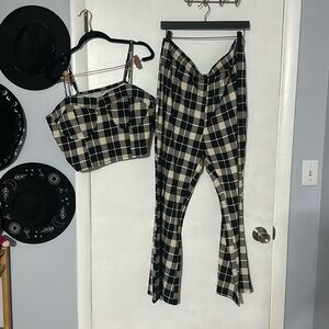 2 Piece Plaid Crop Top and Flare Pants XXXL